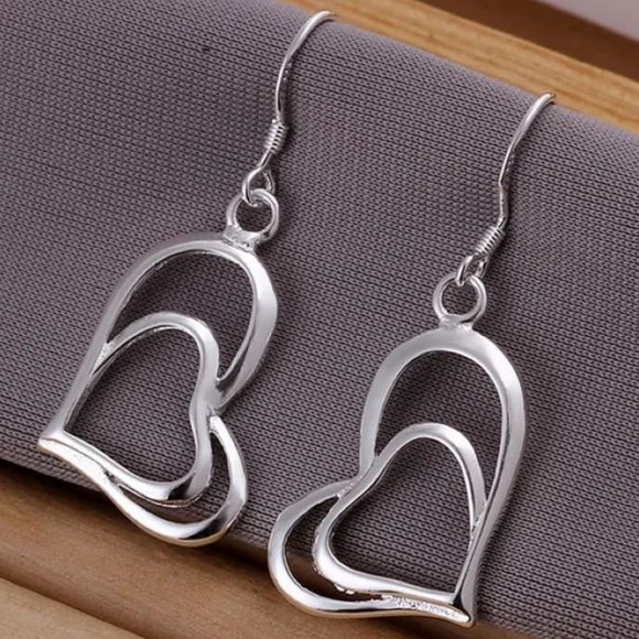 Fine Silver Jewelry - Cute Sterling Silver Double Heart's Drop Earrings " Hypoallergenic "